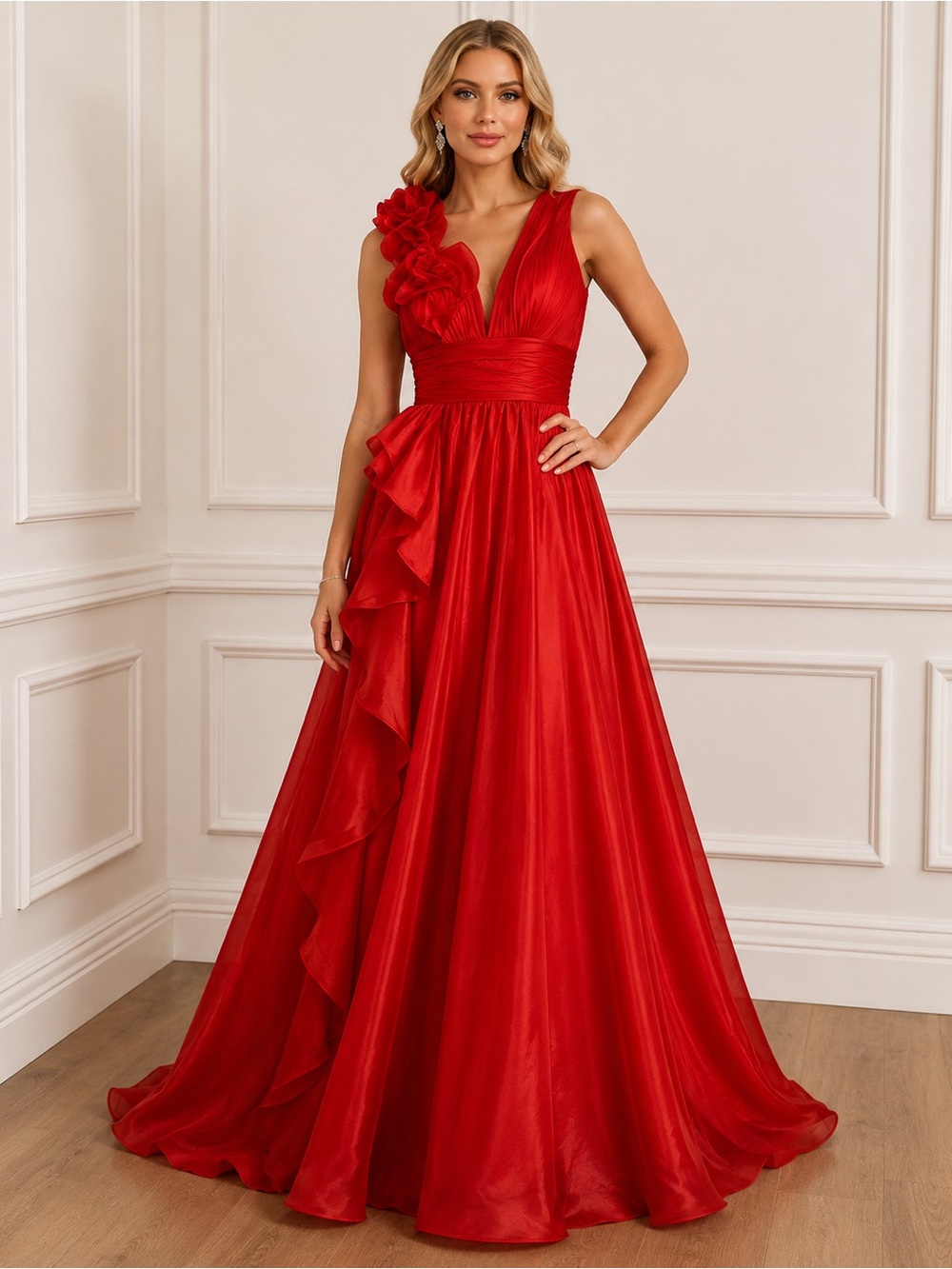 Mac Duggal Cherry Red One Shoulder Ruffle Evening Gown Dress Size 8 NWT